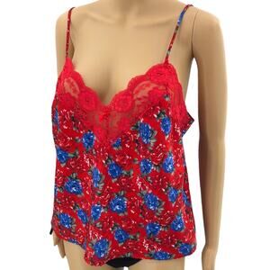 Escapades LARGE USA VINTAGE 70s Red Blue Satin Floral Lace V Neck Camisole Slip